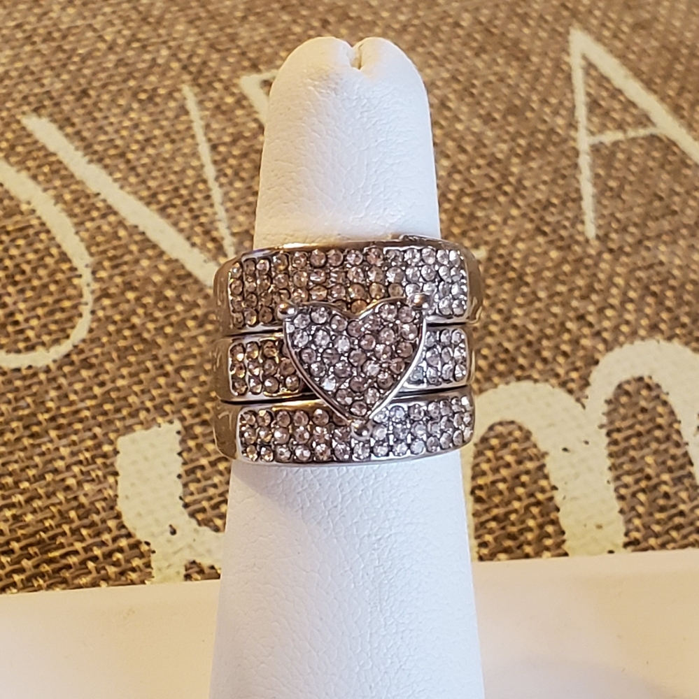 Stackable Silver Rhinestone Heart Trio Ring Set - Picture 2 of 16